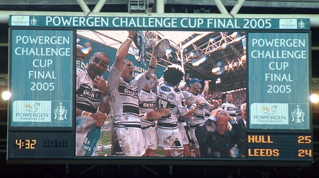 The Millennium Stadium scoreboard as Hull FC are crowned cup winners for 2005. Powergen Challenge Cup Final: Hull 25 Leeds 24